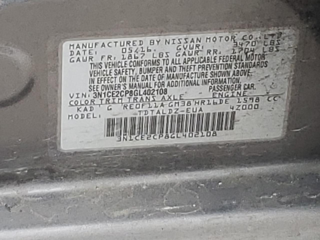 3N1CE2CP8GL402108 NISSAN VERSA 2016