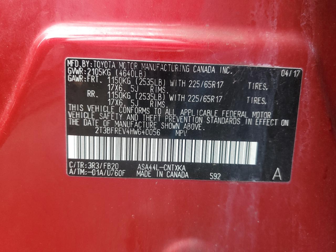 2T3BFREV4HW640056 TOYOTA RAV4 2017