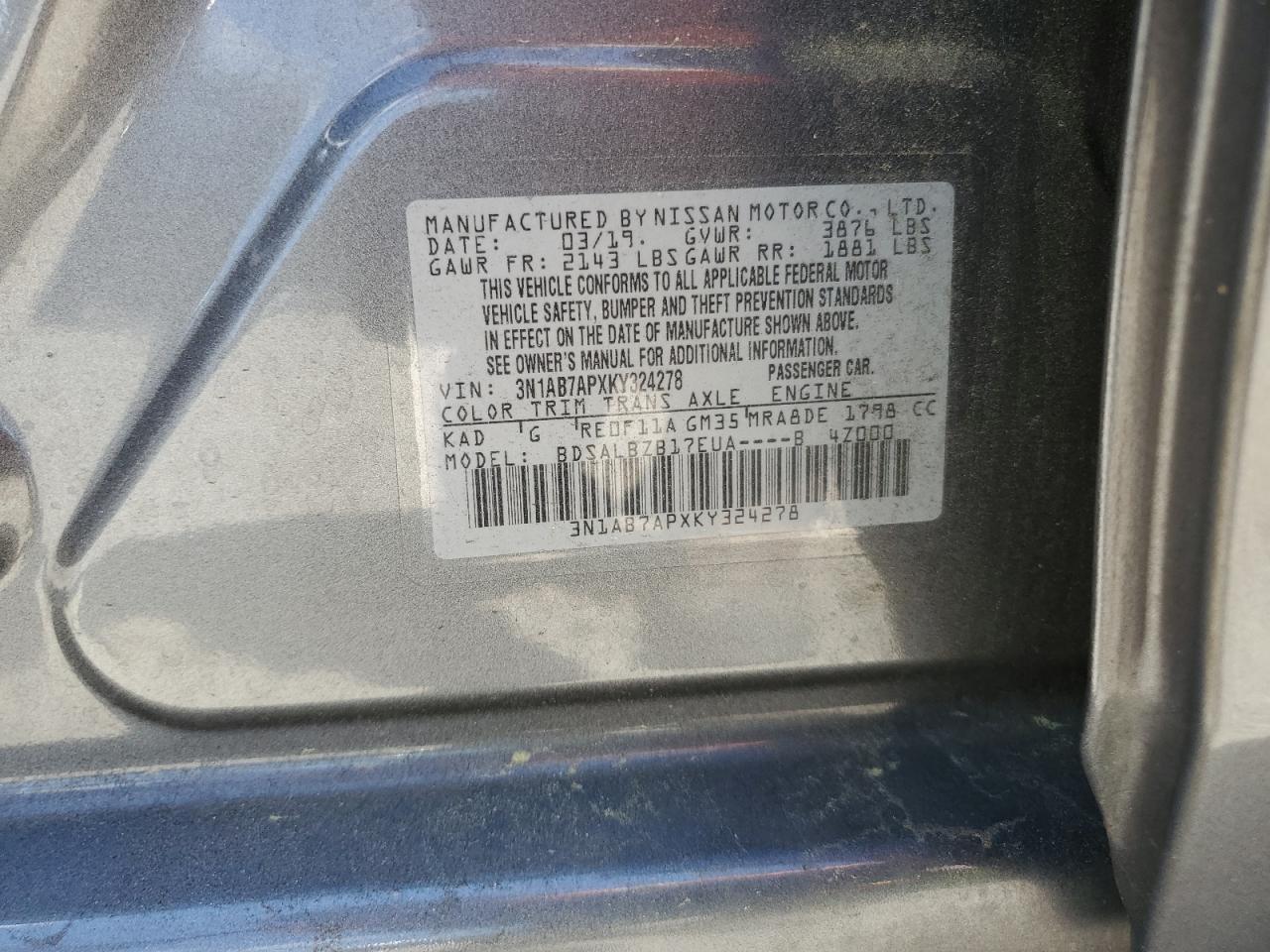 3N1AB7APXKY324278 2019 Nissan Sentra S