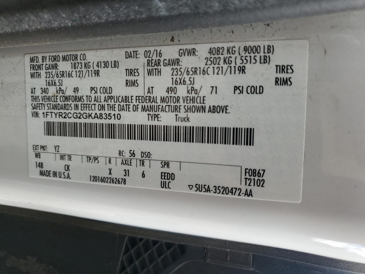 1FTYR2CG2GKA83510 FORD TRANSIT 2016