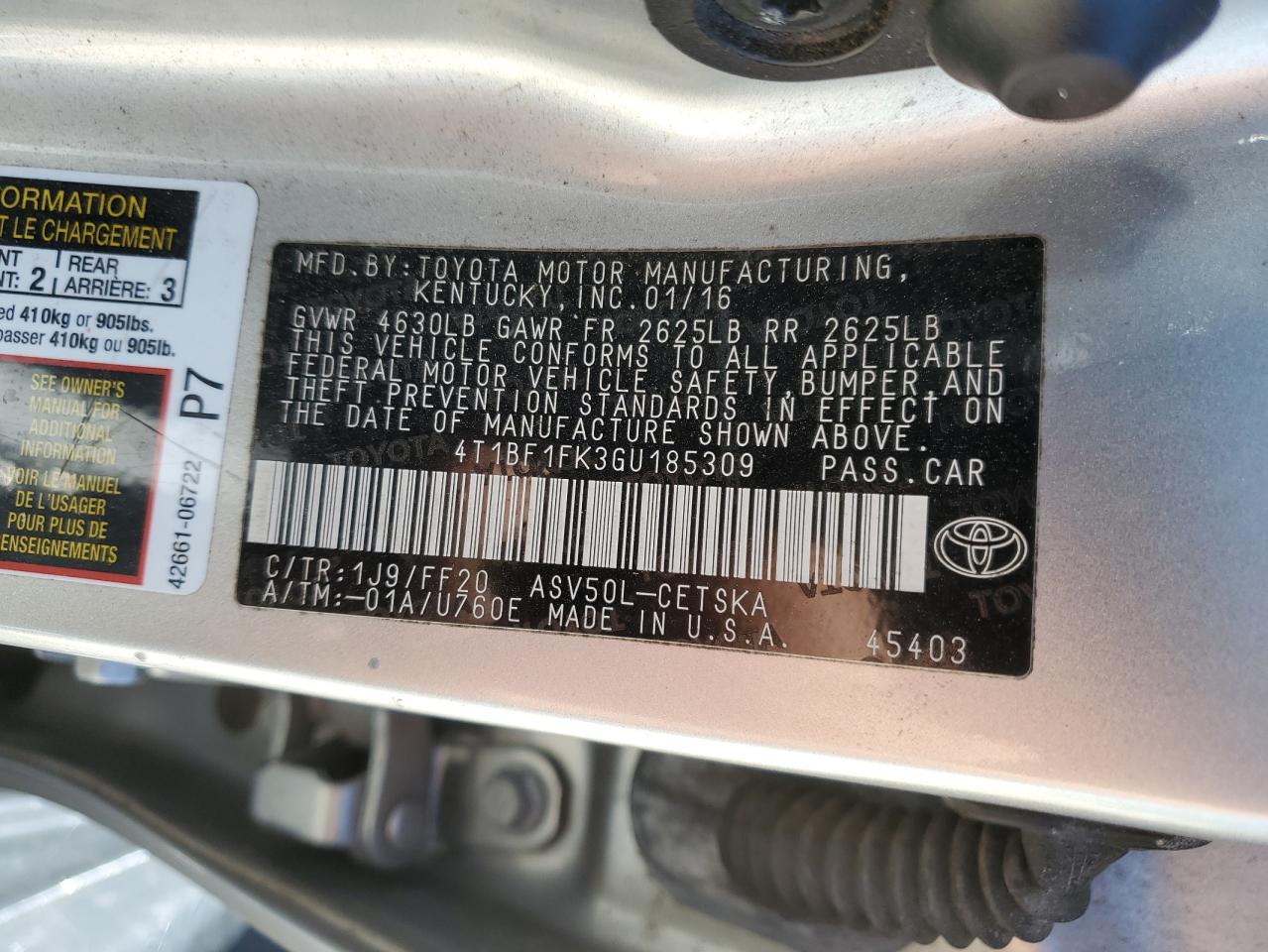 4T1BF1FK3GU185309 TOYOTA CAMRY 2016