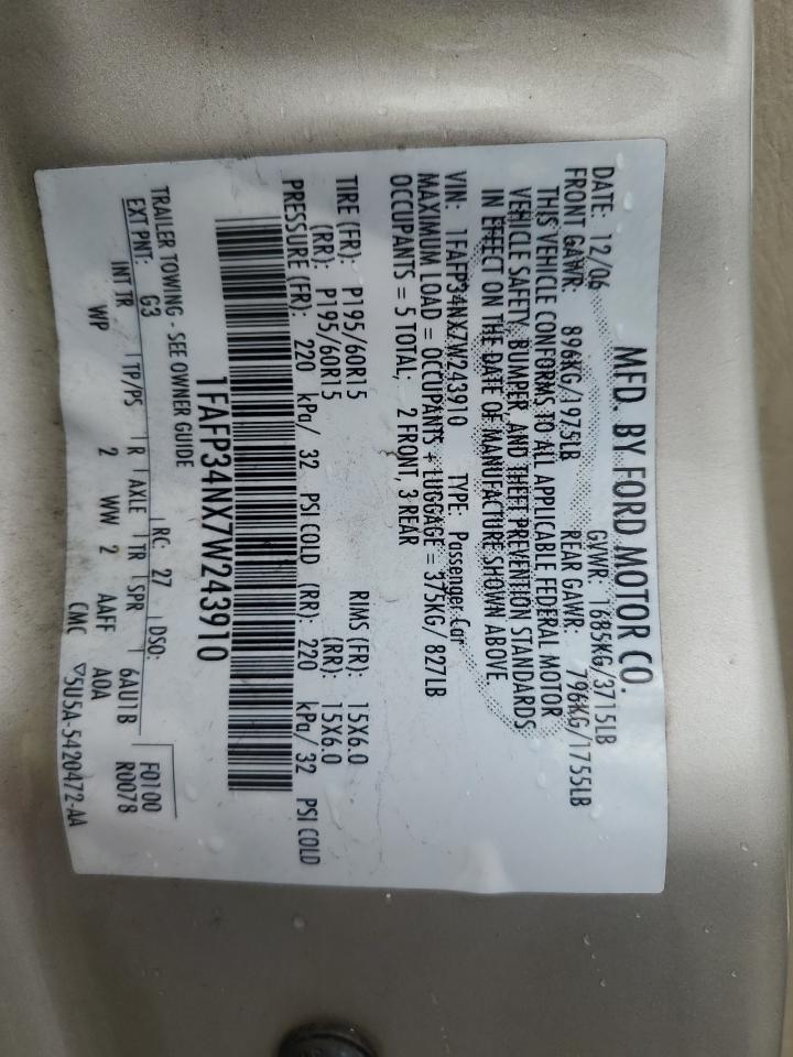 1FAFP34NX7W243910 2007 Ford Focus Zx4