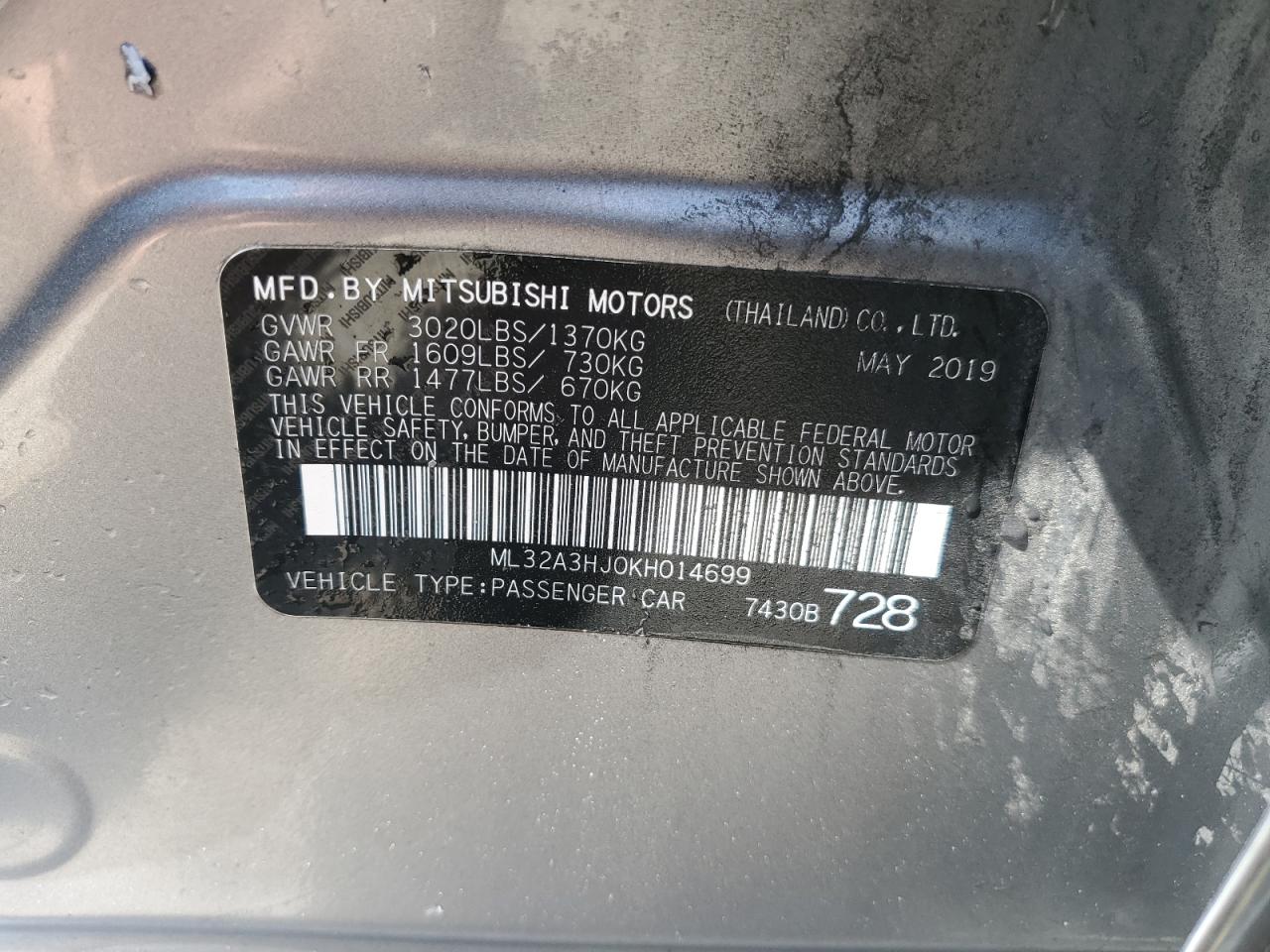 ML32A3HJ0KH014699 2019 Mitsubishi Mirage Es