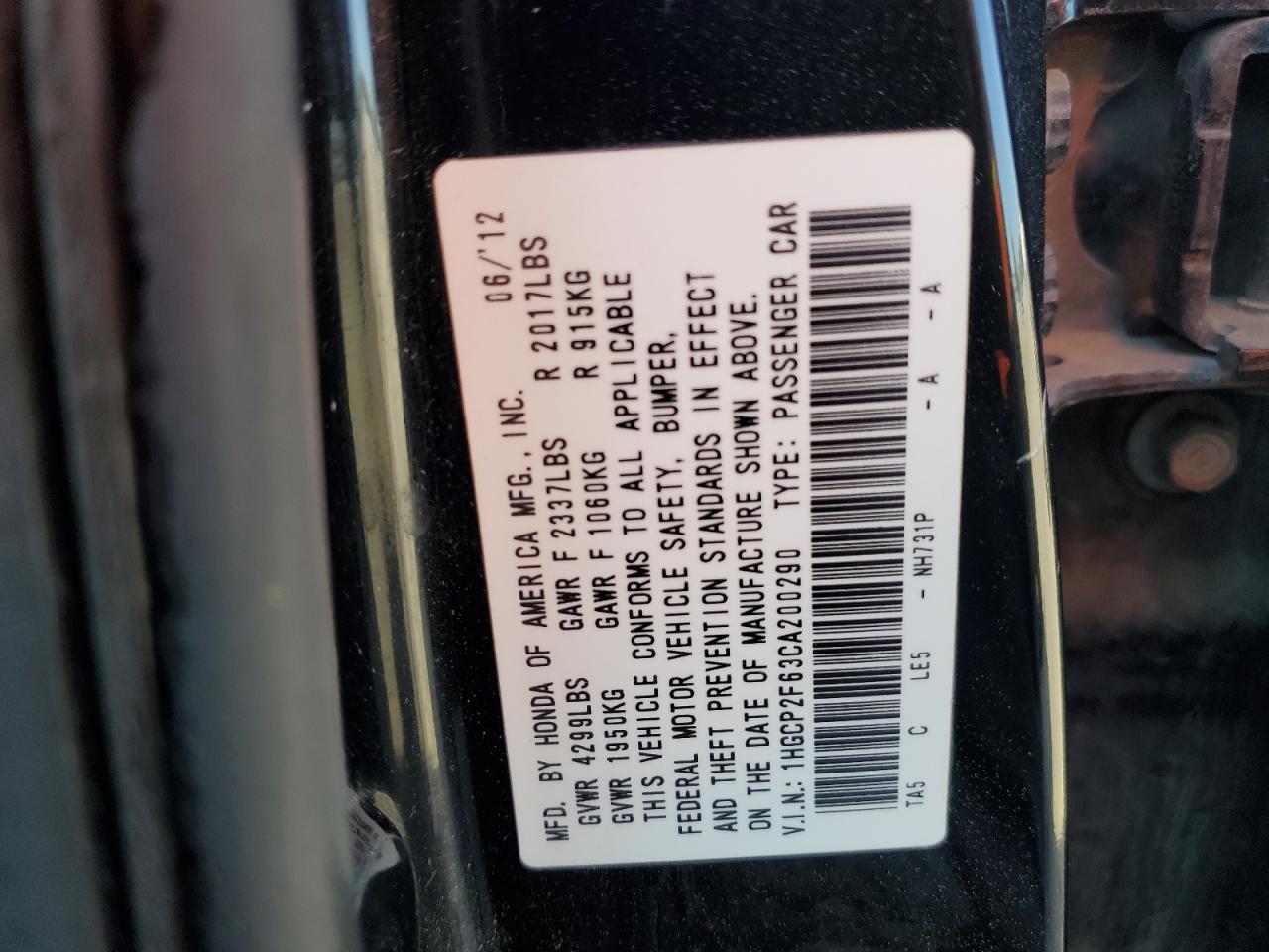 1HGCP2F63CA200290 2012 Honda Accord Se