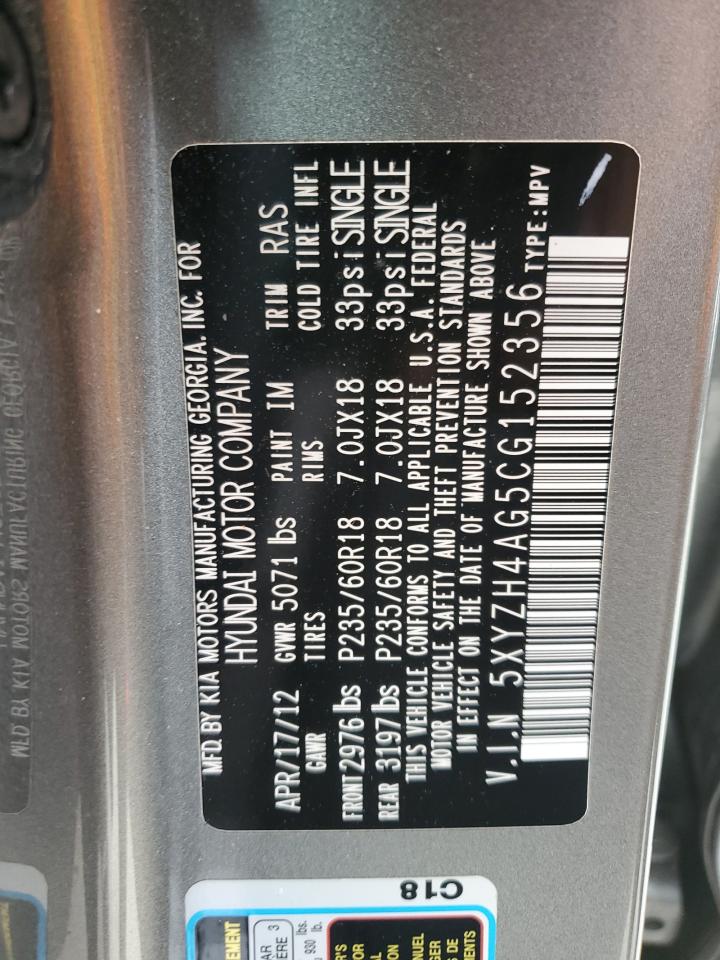 5XYZH4AG5CG152356 2012 Hyundai Santa Fe Se