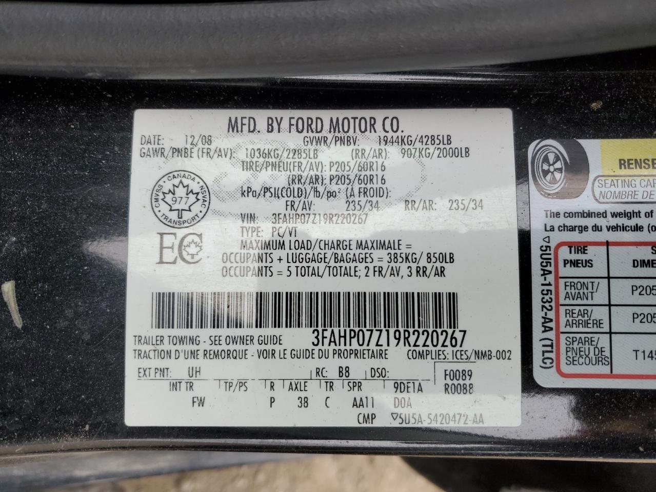 3FAHP07Z19R220267 2009 Ford Fusion Se