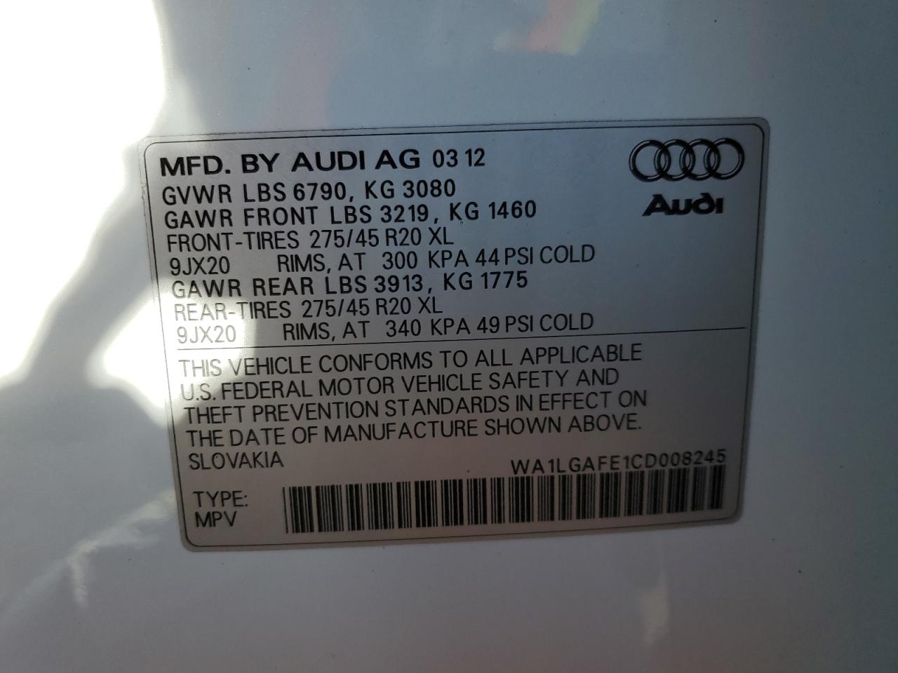 WA1LGAFE1CD008245 2012 Audi Q7 Premium Plus