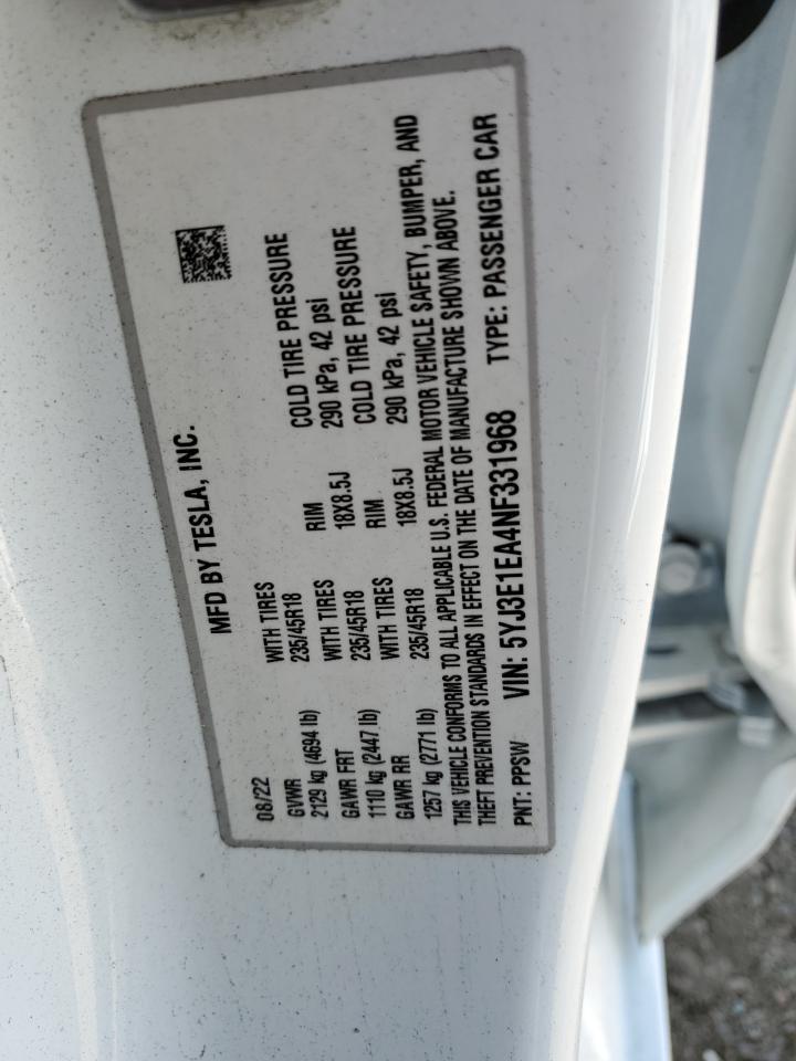 5YJ3E1EA4NF331968 2022 Tesla Model 3