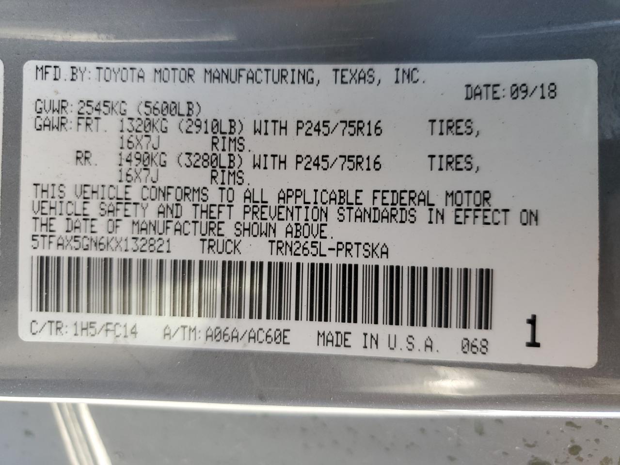 5TFAX5GN6KX132821 TOYOTA TACOMA 2019