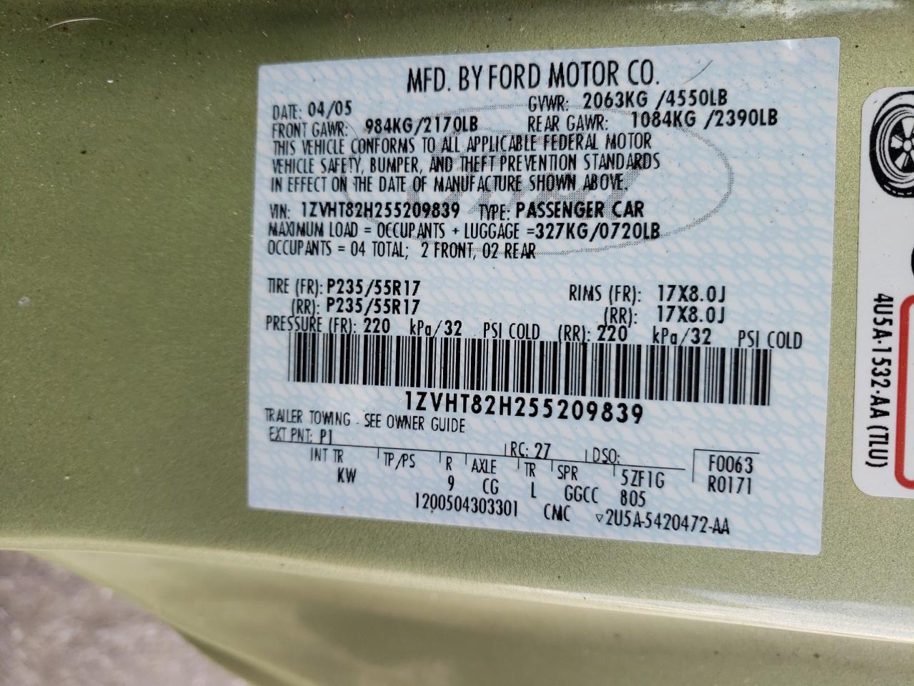 1ZVHT82H255209839 2005 Ford Mustang Gt