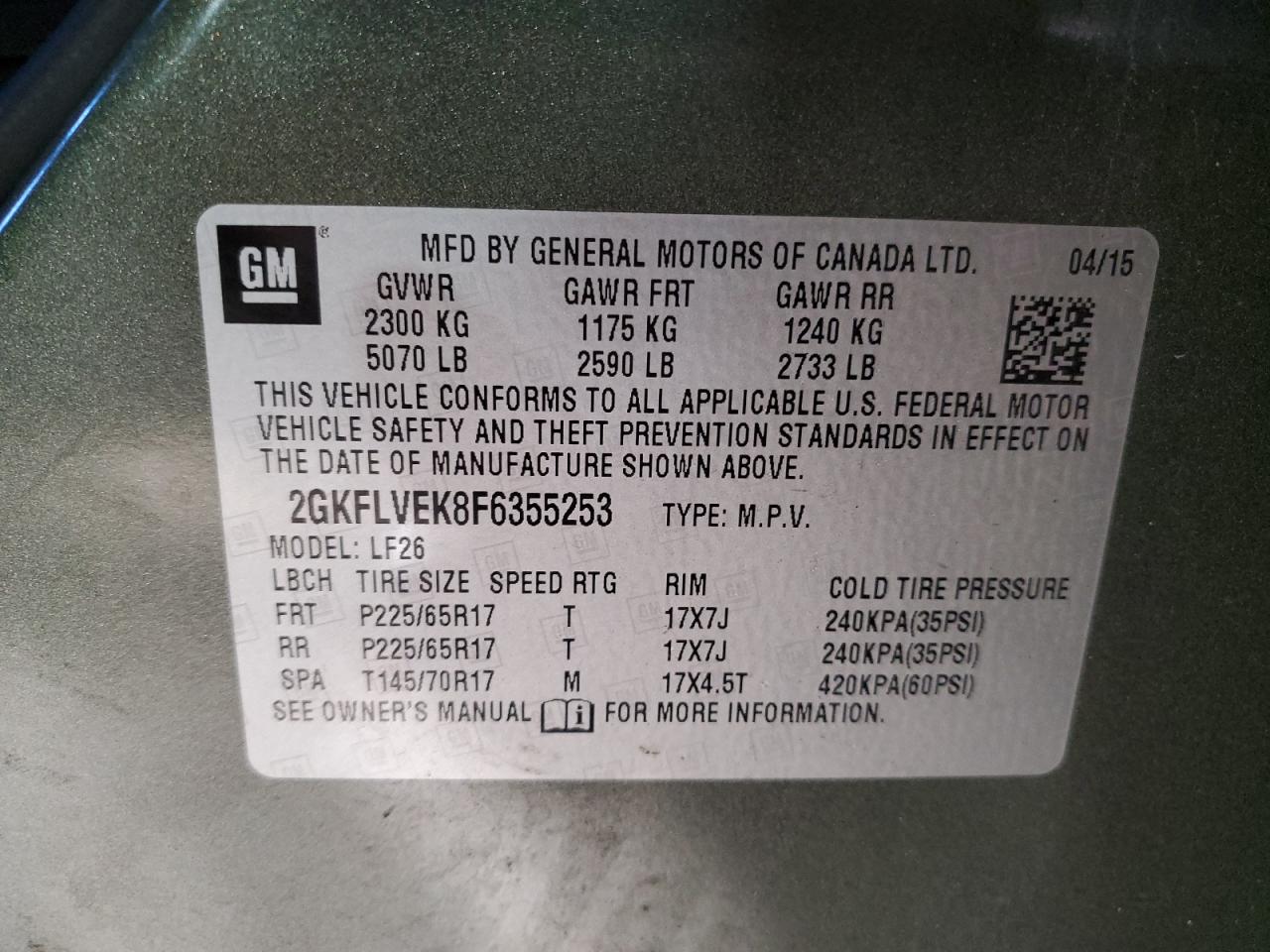 2GKFLVEK8F6355253 2015 GMC Terrain Sle