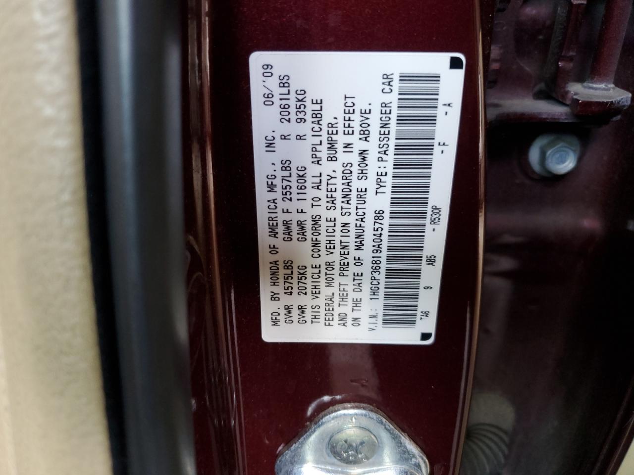 1HGCP36819A045786 2009 Honda Accord Exl