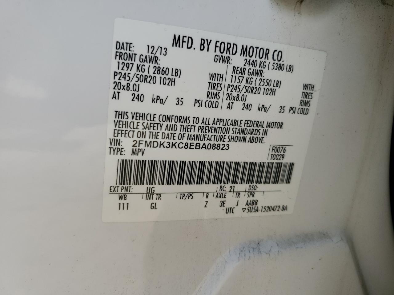 2FMDK3KC8EBA08823 2014 Ford Edge Limited