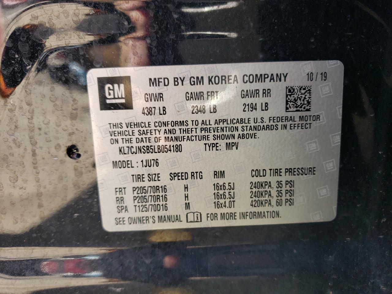 KL7CJNSB5LB054180 CHEVROLET TRAX 2020