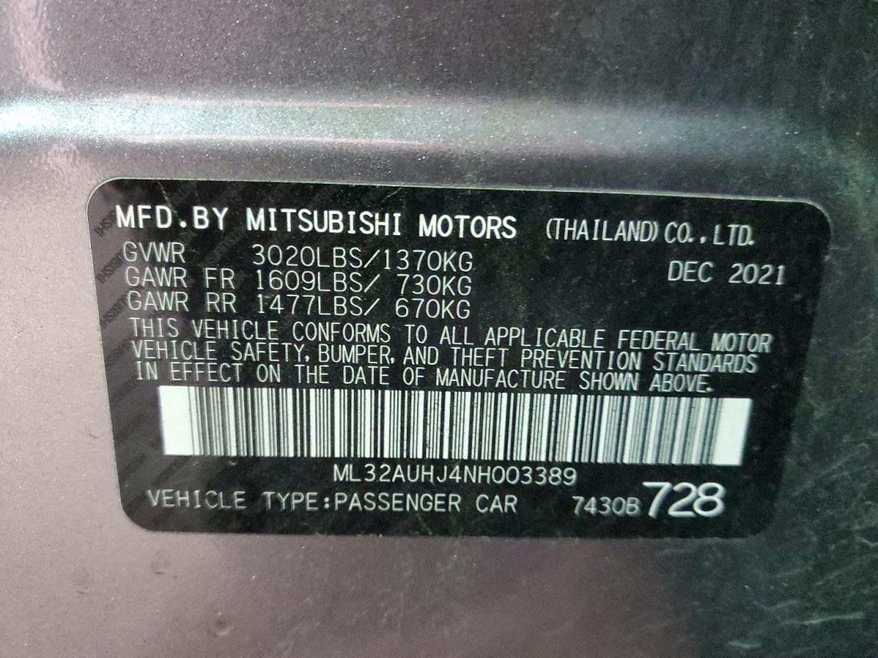 ML32AUHJ4NH003389 2022 Mitsubishi Mirage Es