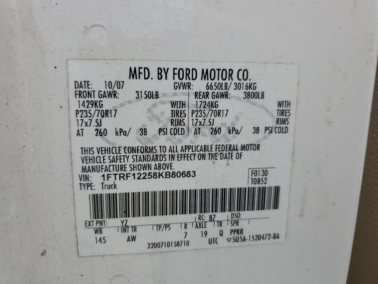 1FTRF12258KB80683 2008 Ford F150