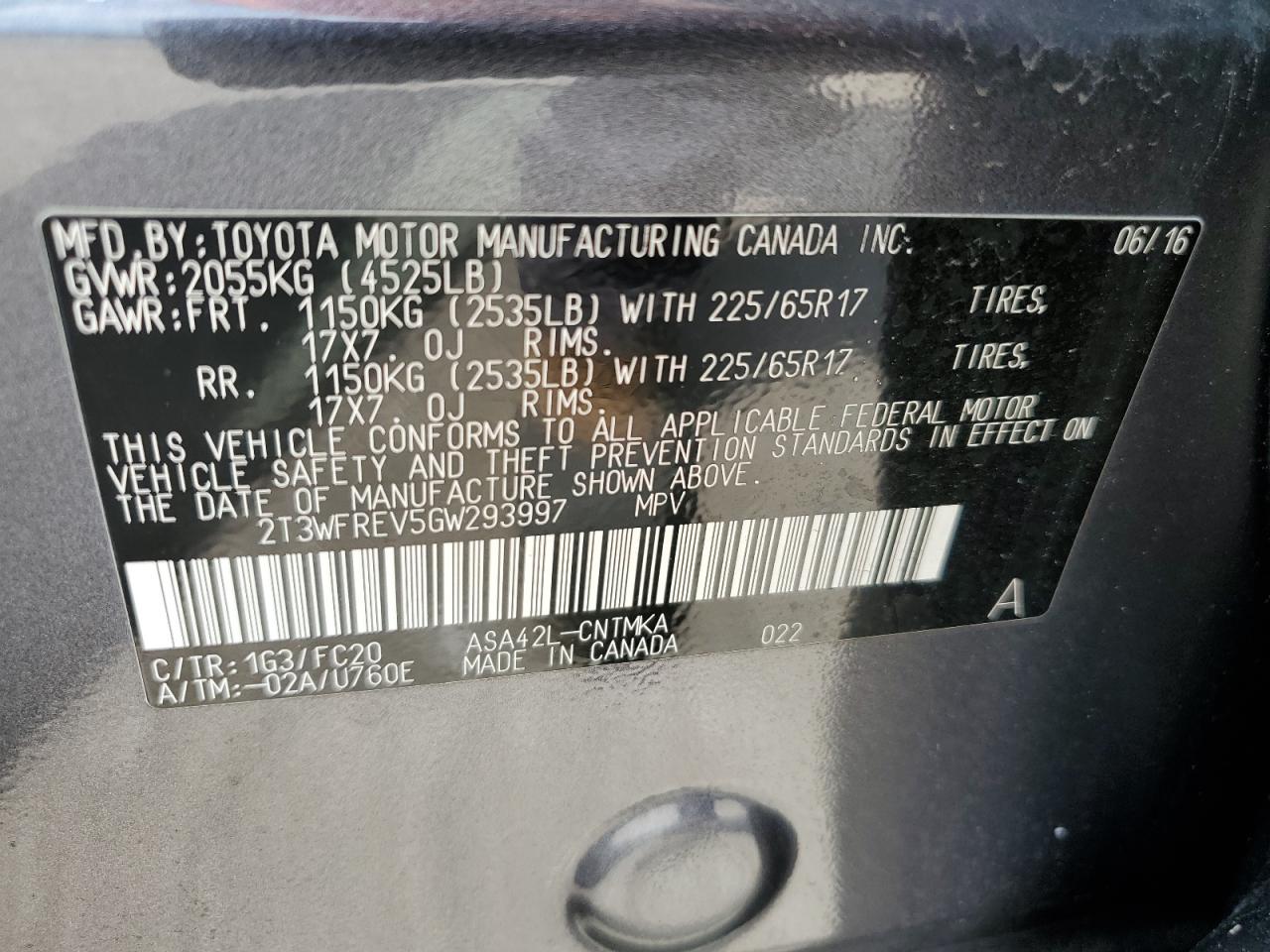 2T3WFREV5GW293997 TOYOTA RAV4 2016