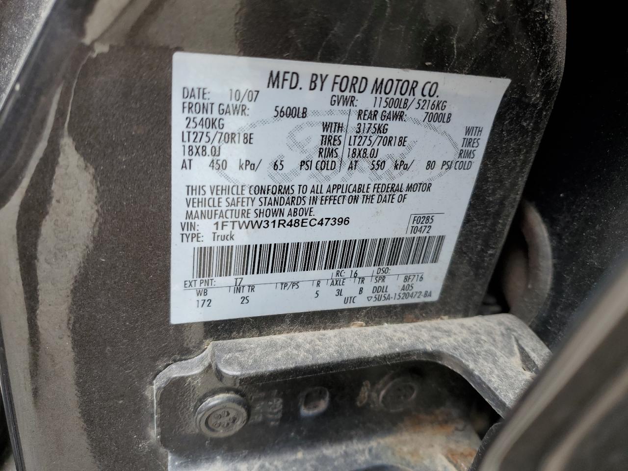 1FTWW31R48EC47396 2008 Ford F350 Srw Super Duty