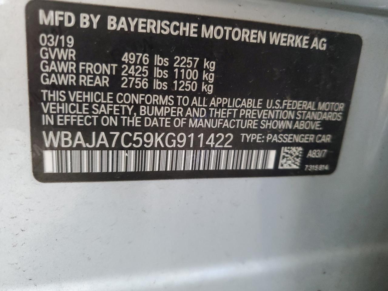 WBAJA7C59KG911422 2019 BMW 530 Xi