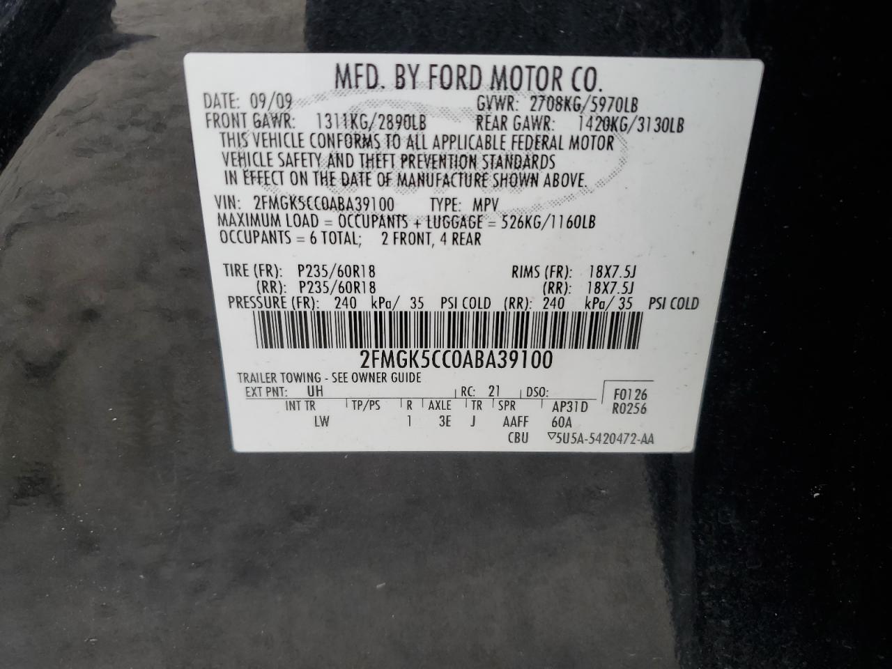 2FMGK5CC0ABA39100 2010 Ford Flex Sel