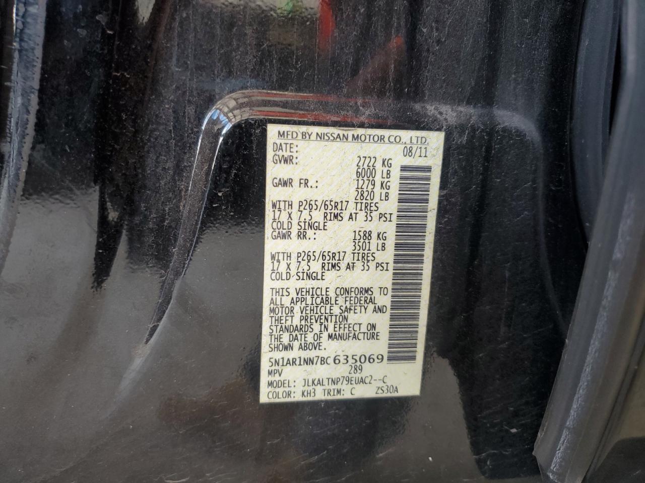 5N1AR1NN7BC635069 2011 Nissan Pathfinder S