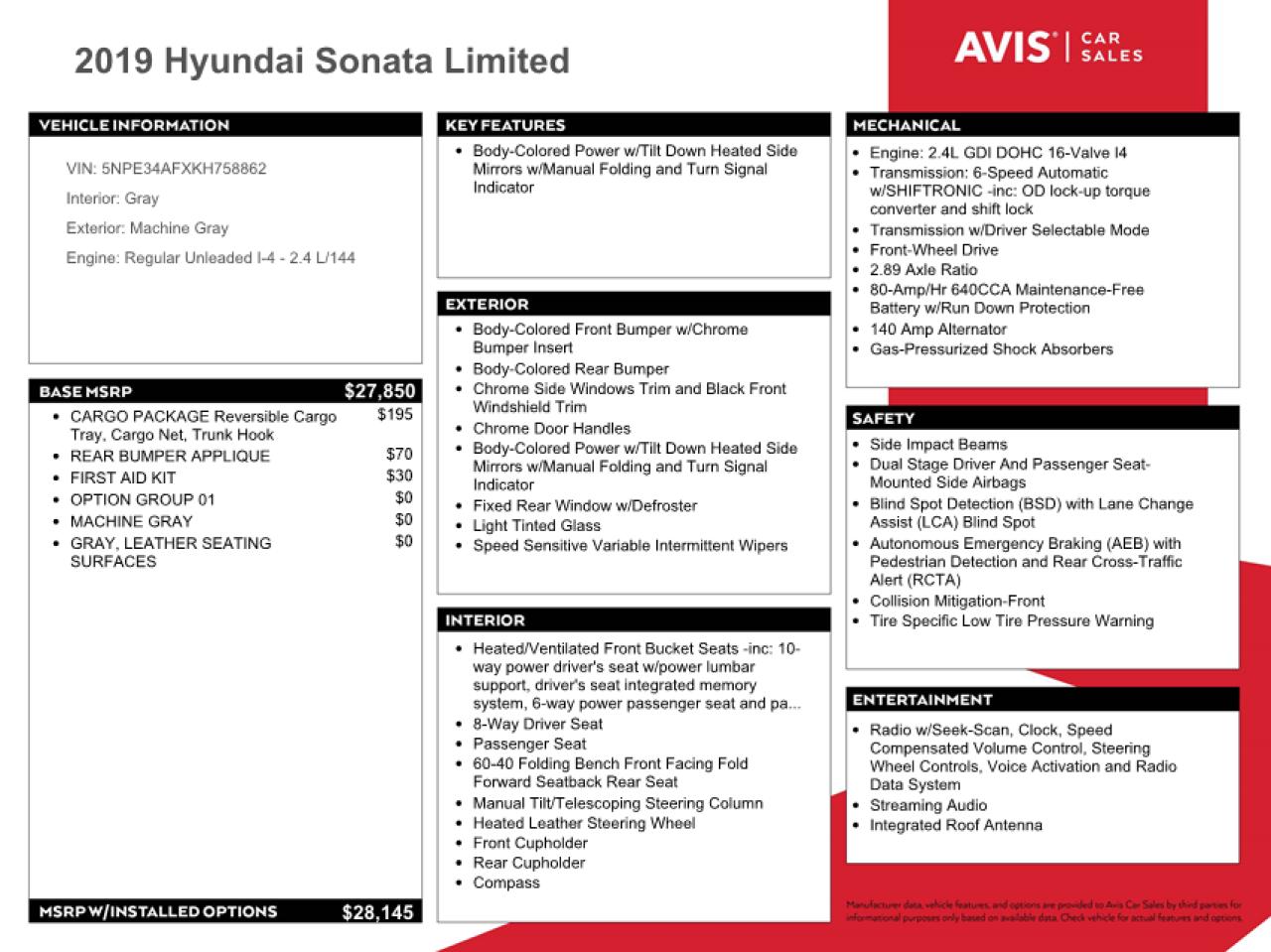 2019 Hyundai Sonata Limited vin: 5NPE34AFXKH758862