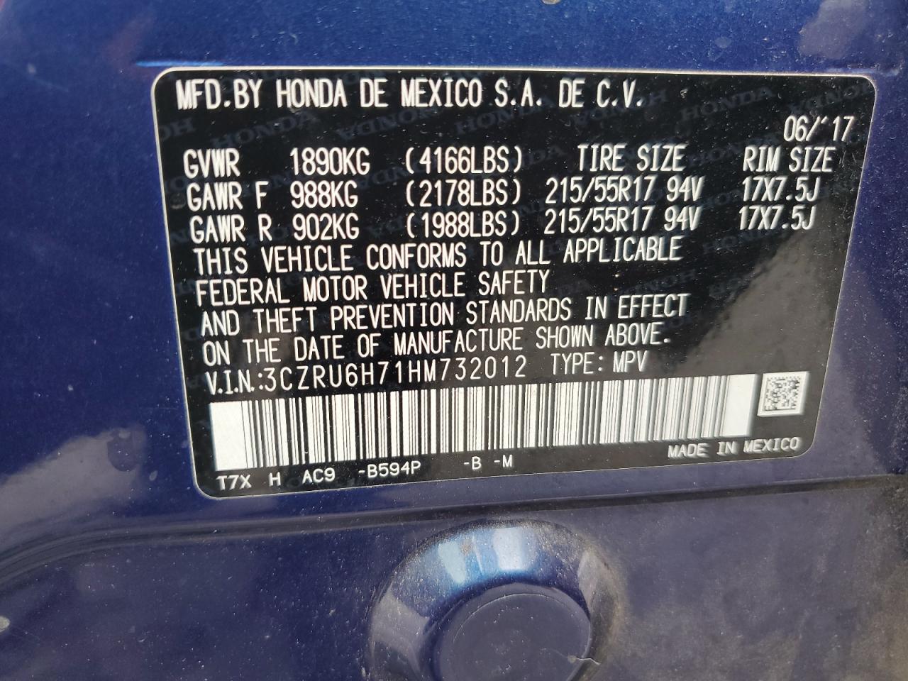 3CZRU6H71HM732012 2017 Honda Hr-V Exl