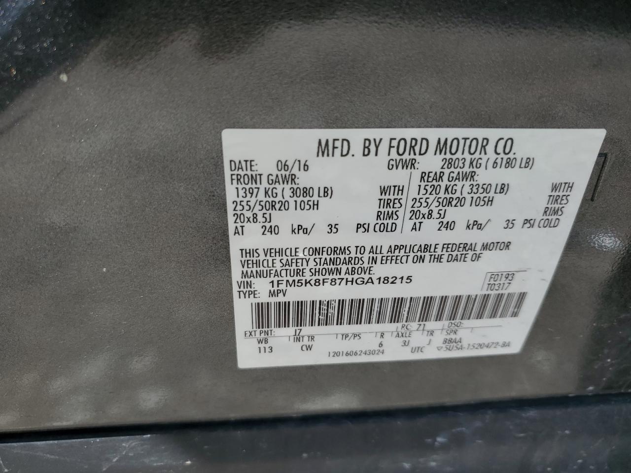1FM5K8F87HGA18215 FORD EXPLORER 2017