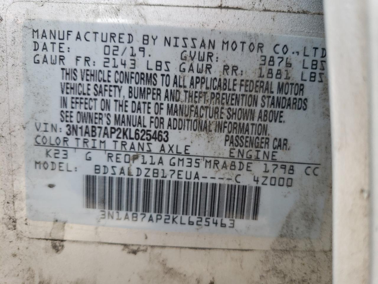 3N1AB7AP2KL625463 2019 Nissan Sentra S