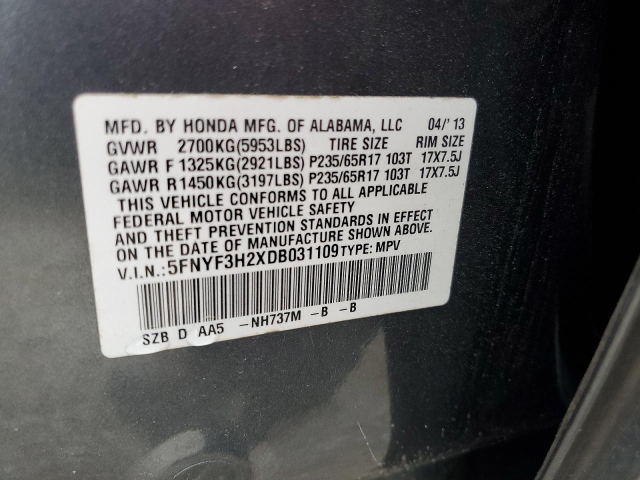 5FNYF3H2XDB031109 2013 Honda Pilot Lx