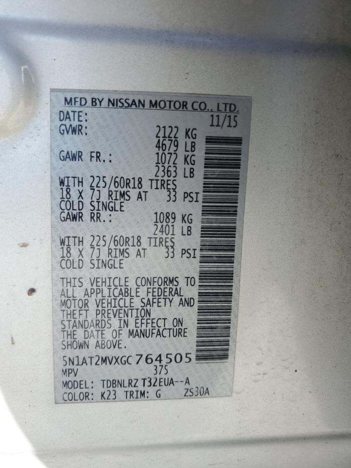 5N1AT2MVXGC764505 2016 Nissan Rogue S