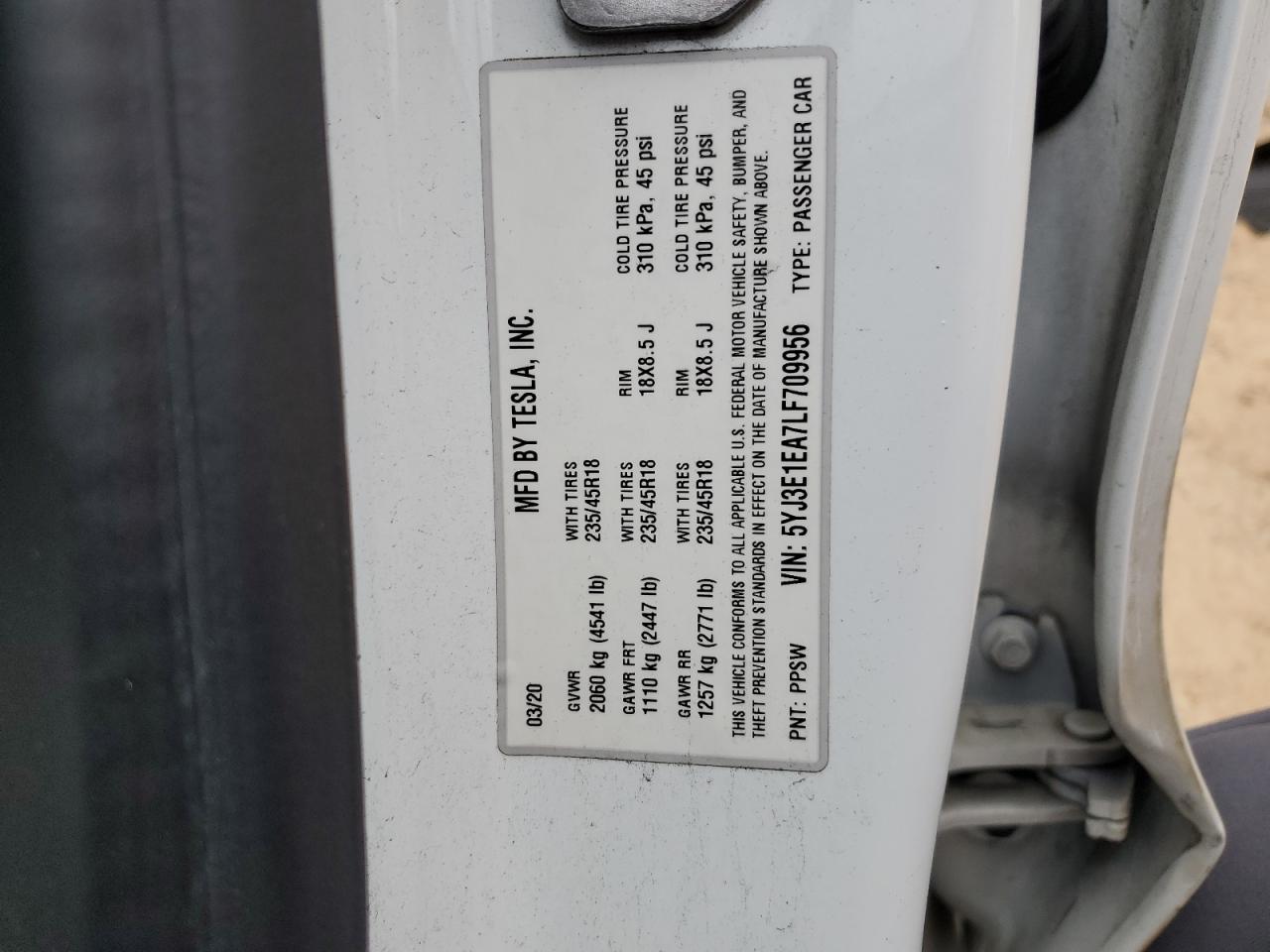 5YJ3E1EA7LF709956 2020 Tesla Model 3