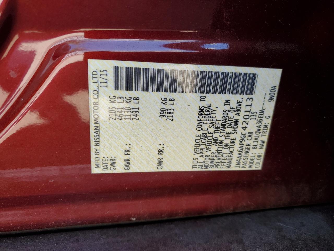 1N4AA6AP9GC420113 NISSAN MAXIMA 2016