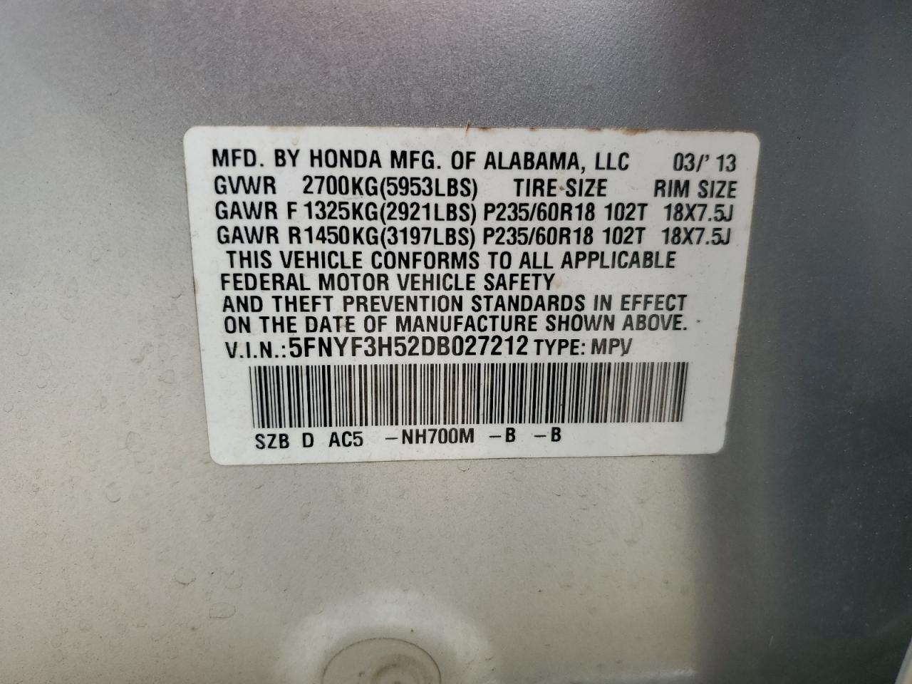 5FNYF3H52DB027212 2013 Honda Pilot Exl