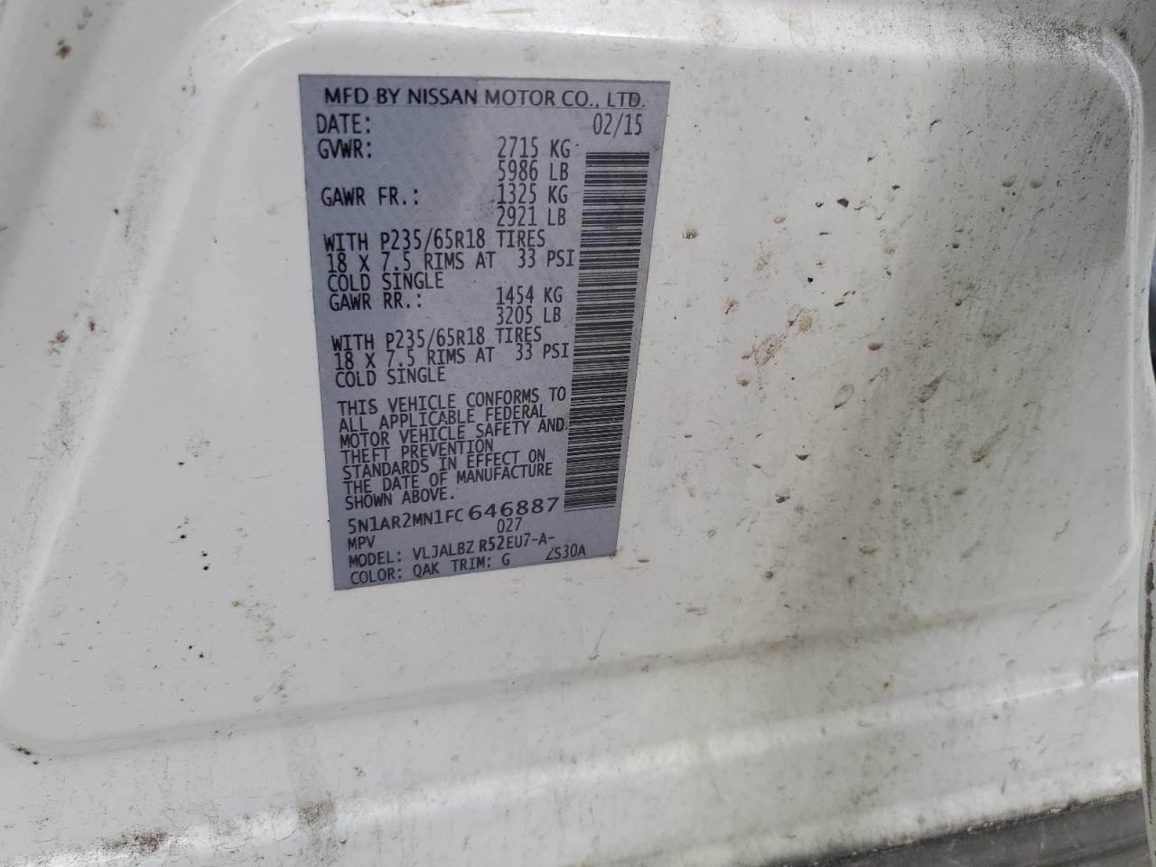 5N1AR2MN1FC646887 2015 Nissan Pathfinder S