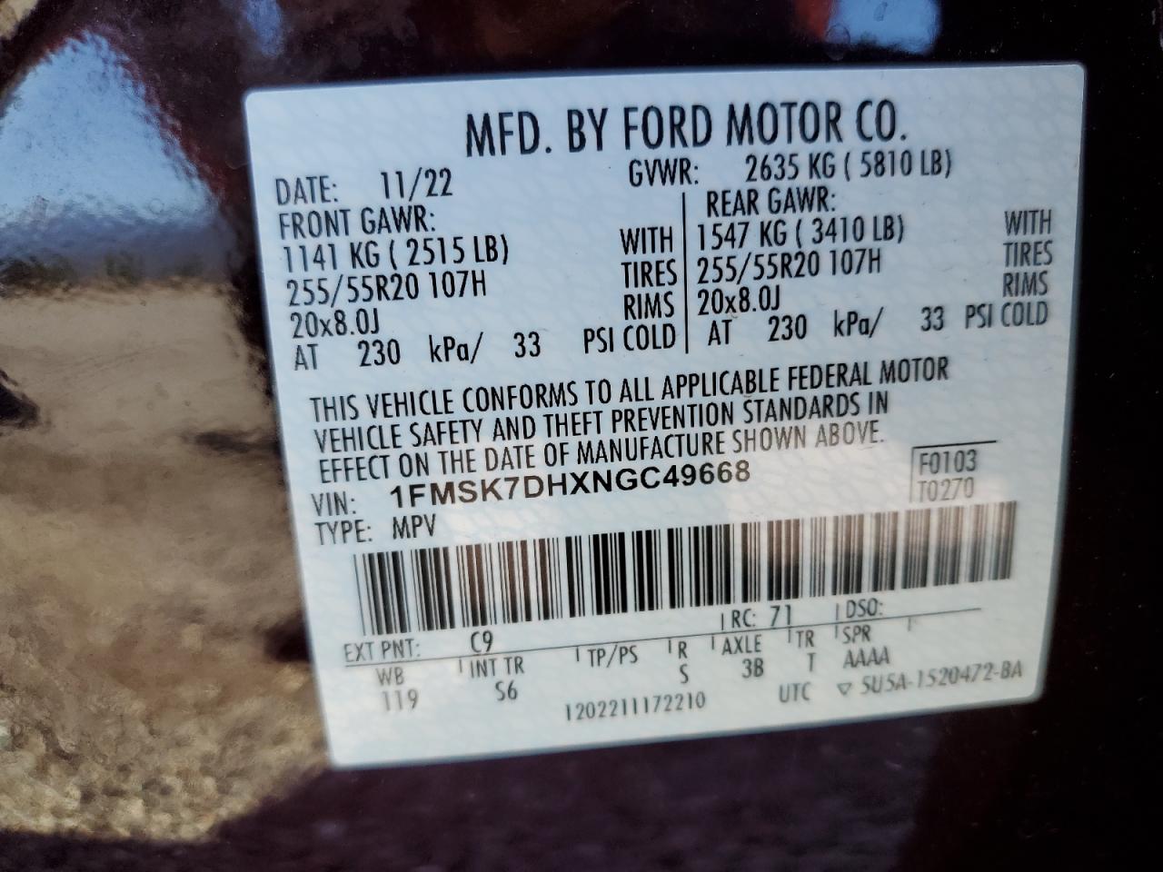 1FMSK7DHXNGC49668 FORD EXPLORER 2022