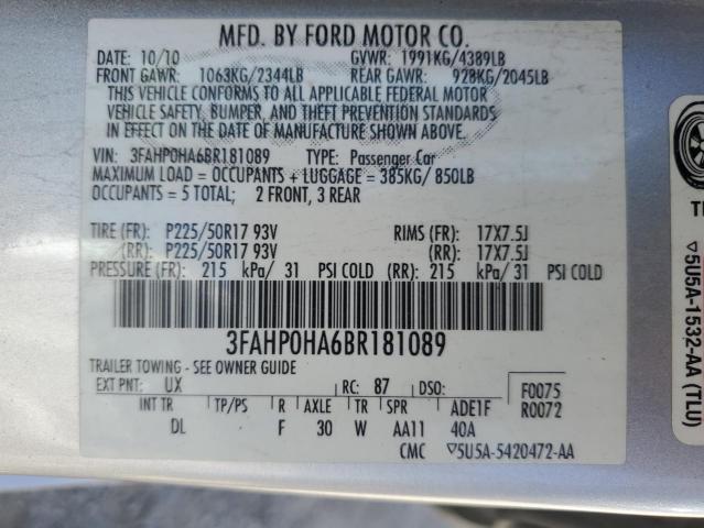 2011 Ford Fusion Se VIN: 3FAHP0HA6BR181089 Lot: 50530584