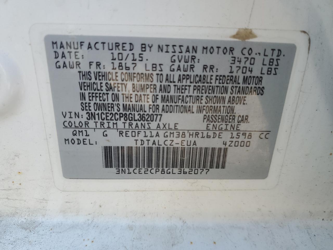 3N1CE2CP8GL362077 NISSAN VERSA 2016