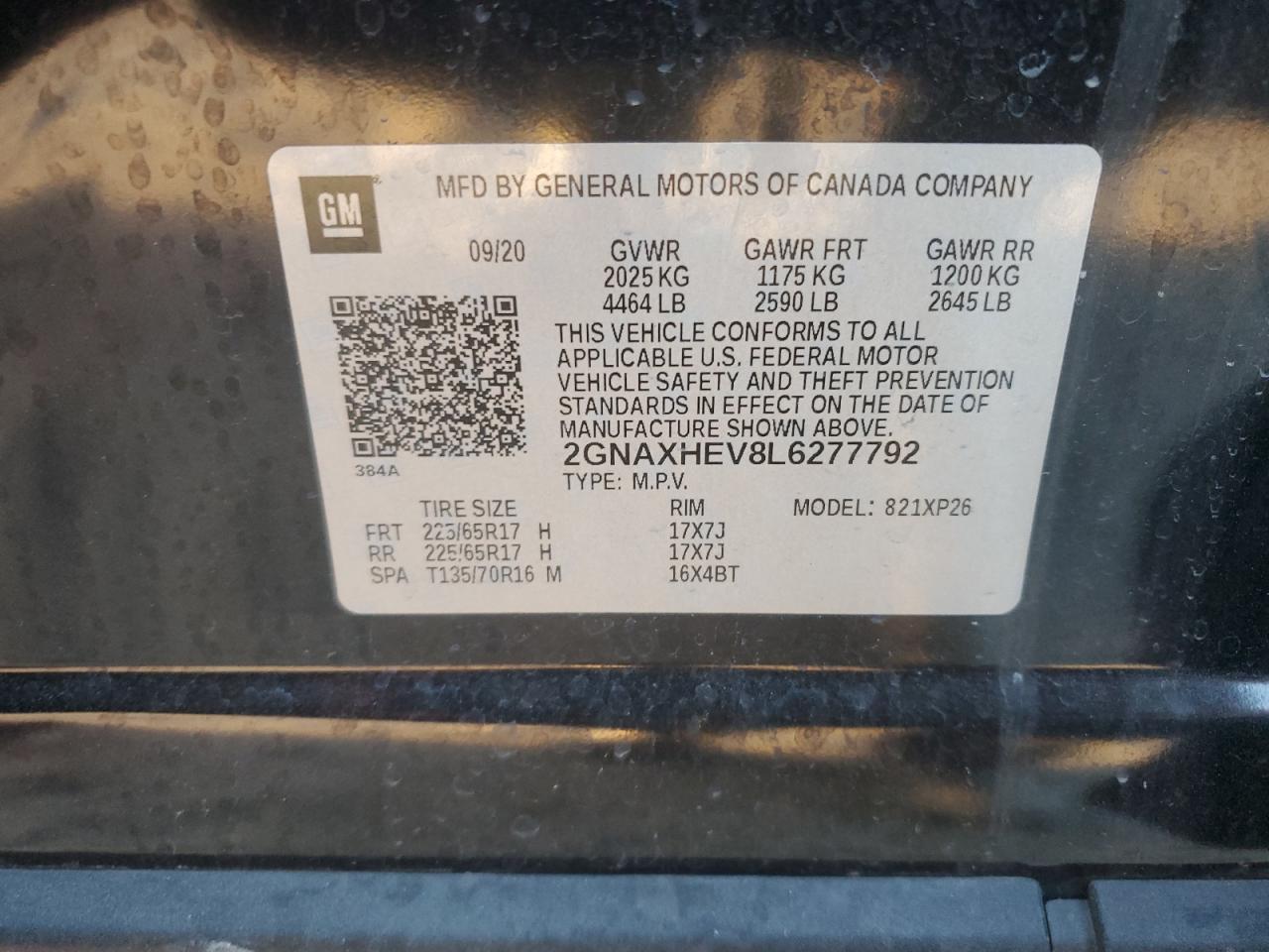 2GNAXHEV8L6277792 CHEVROLET EQUINOX 2020