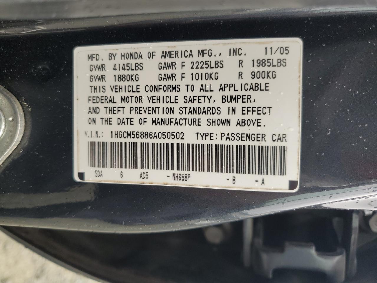 1HGCM56886A050502 2006 Honda Accord Ex