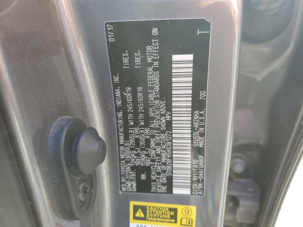 5TDBZRFH5HS381272 TOYOTA HIGHLANDER 2017