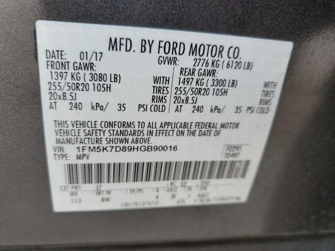1FM5K7D89HGB90016 FORD EXPLORER 2017