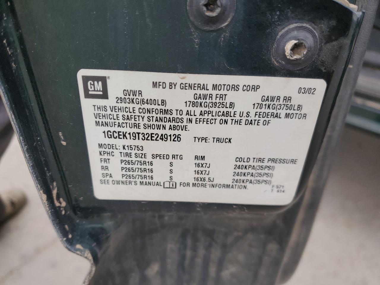 1GCEK19T32E249126 2002 Chevrolet Silverado K1500