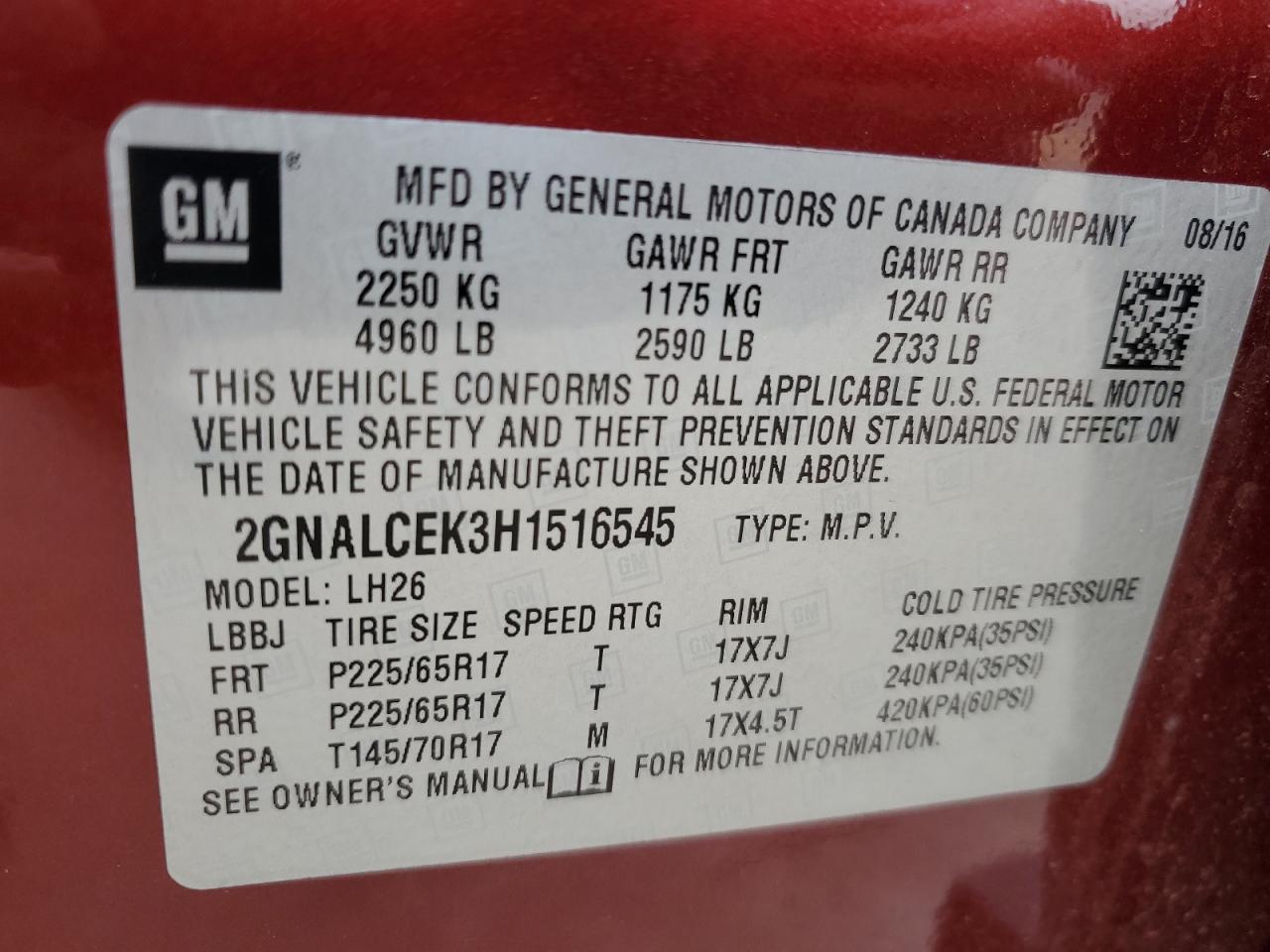 2GNALCEK3H1516545 2017 Chevrolet Equinox Lt