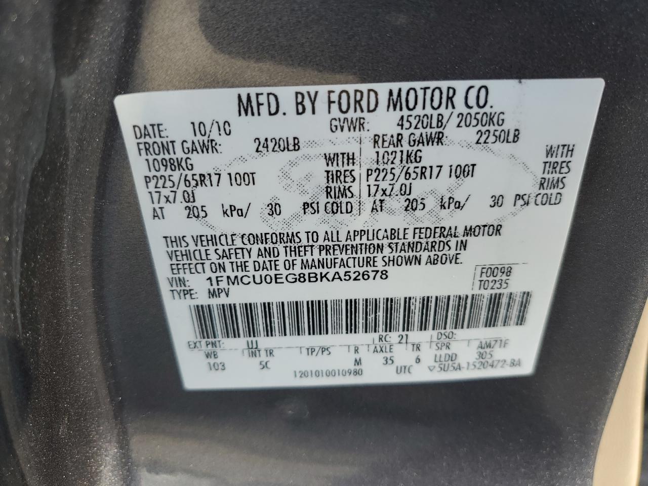 1FMCU0EG8BKA52678 2011 Ford Escape Limited