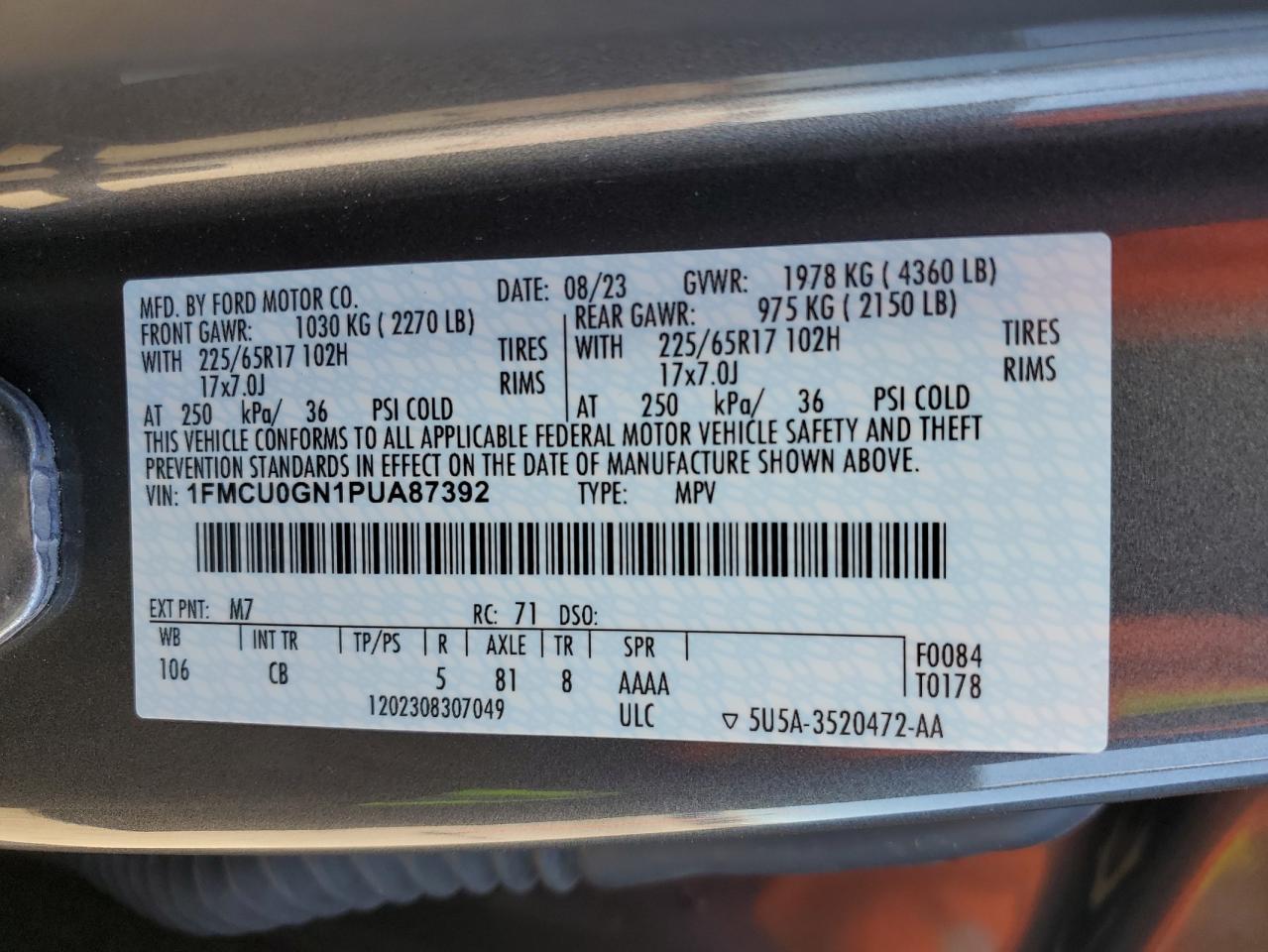 1FMCU0GN1PUA87392 FORD ESCAPE ACT 2023