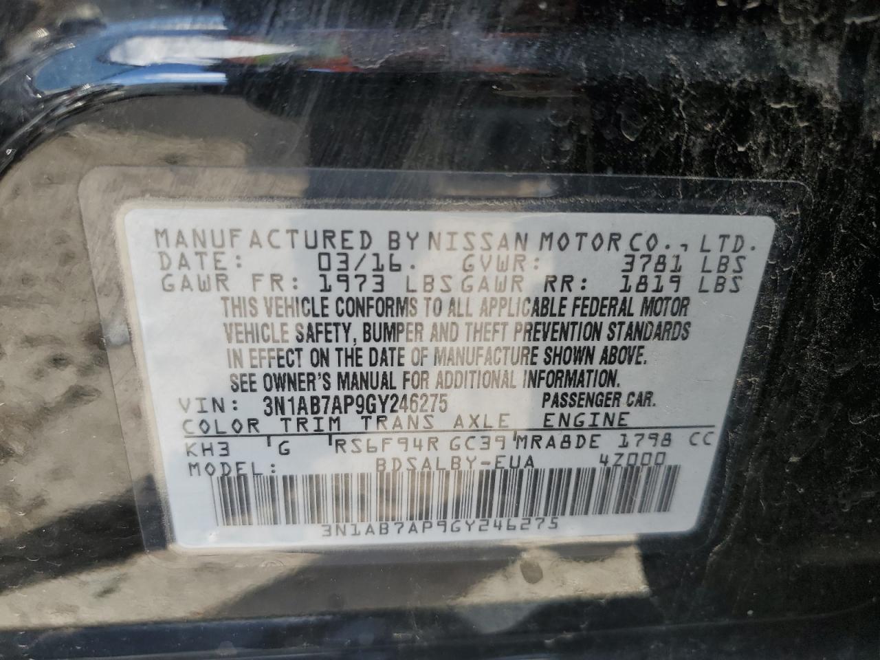 3N1AB7AP9GY246275 NISSAN SENTRA 2016
