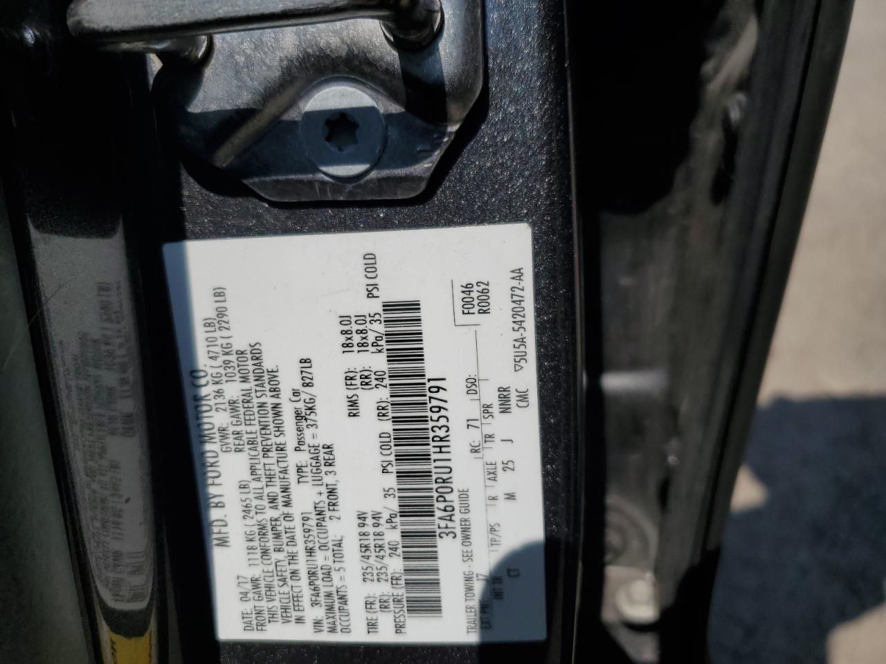 3FA6P0RU1HR359791 FORD FUSION 2017