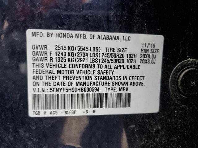 2017 Honda Pilot Touring VIN: 5FNYF5H90HB000594 Lot: 49339554