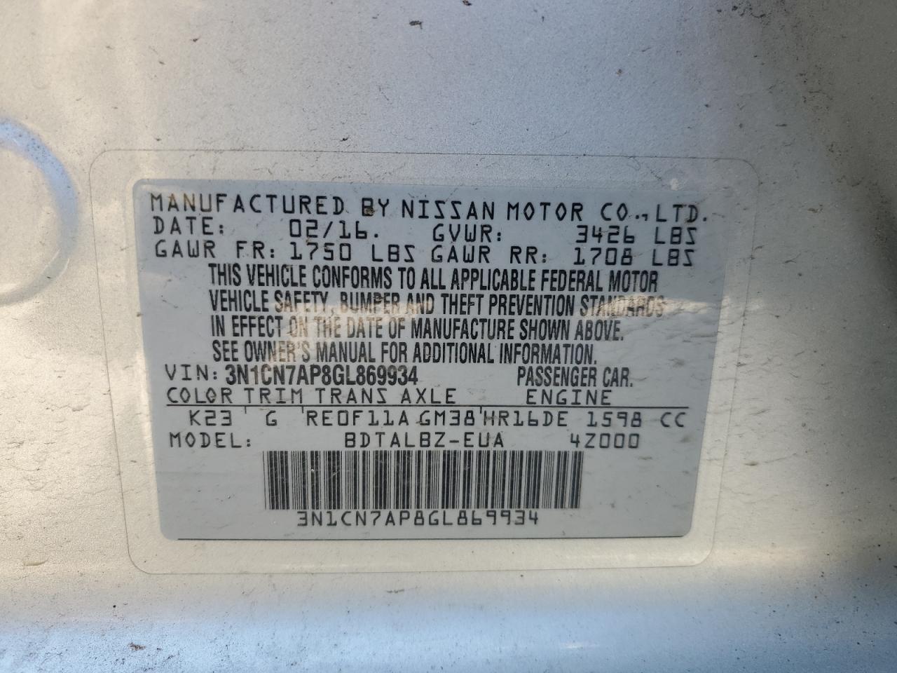 3N1CN7AP8GL869934 2016 Nissan Versa S